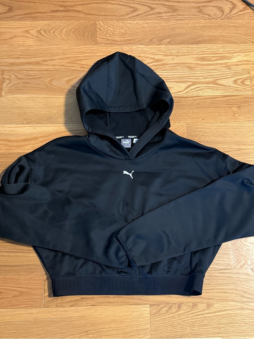 Puma Black Cropped Hoodie with White Puma Cat Logo